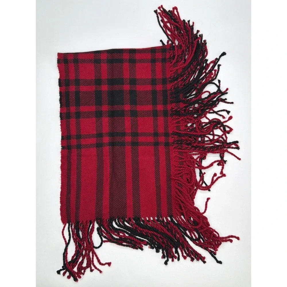 Banana Republic Red‎ Black Plaid Fringe Scarf Wool Blend Cozy Warm 12